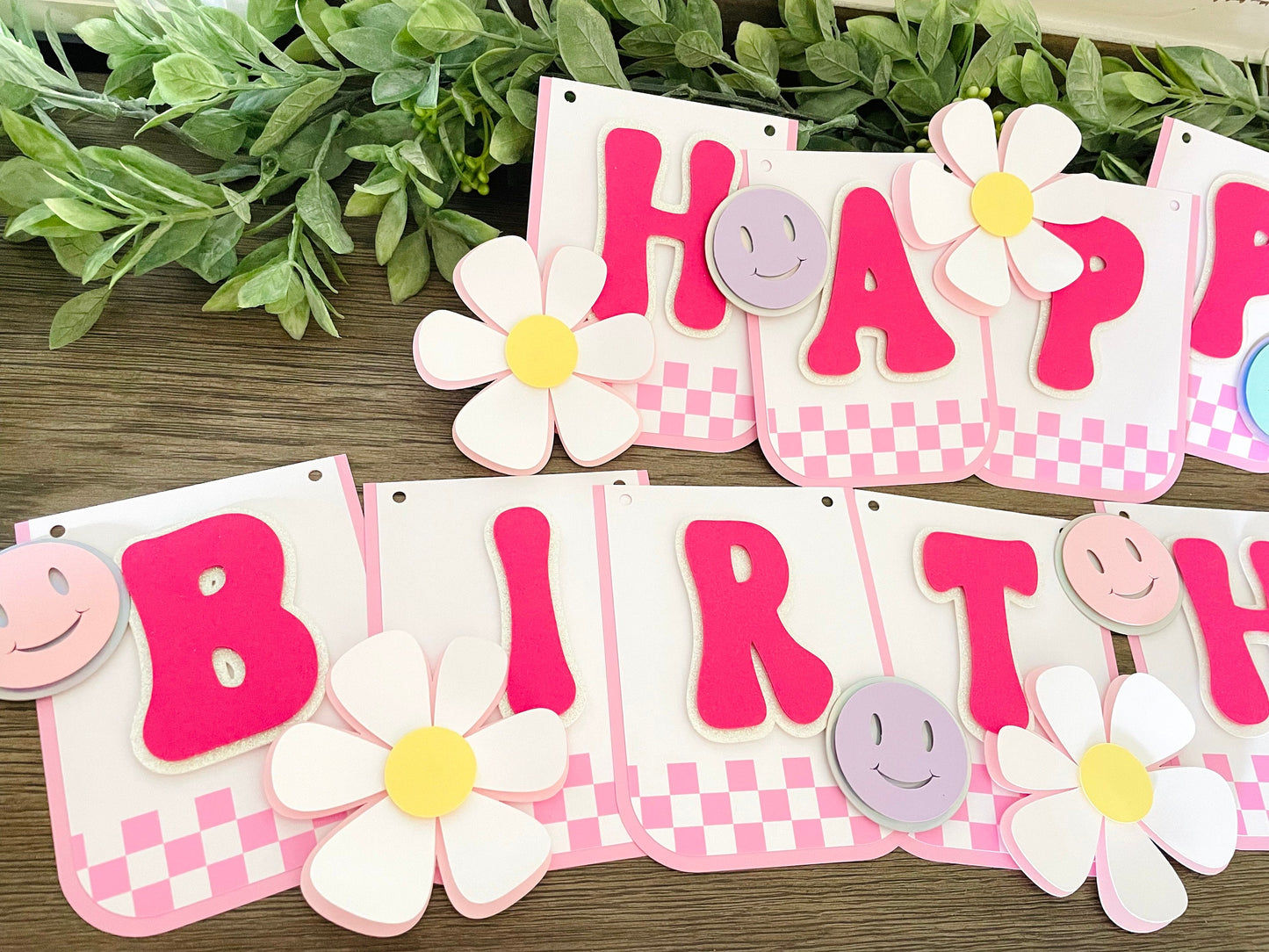 Pink Checkered Smiley Face Cake Topper