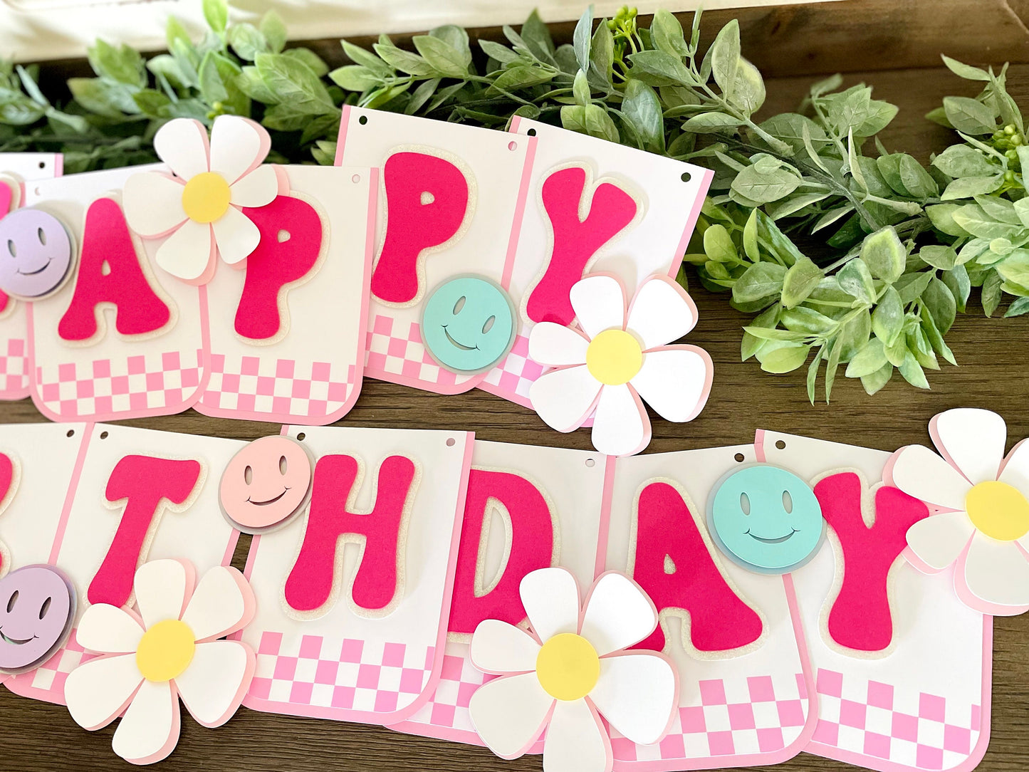 Pink Checkered Smiley Face Cake Topper