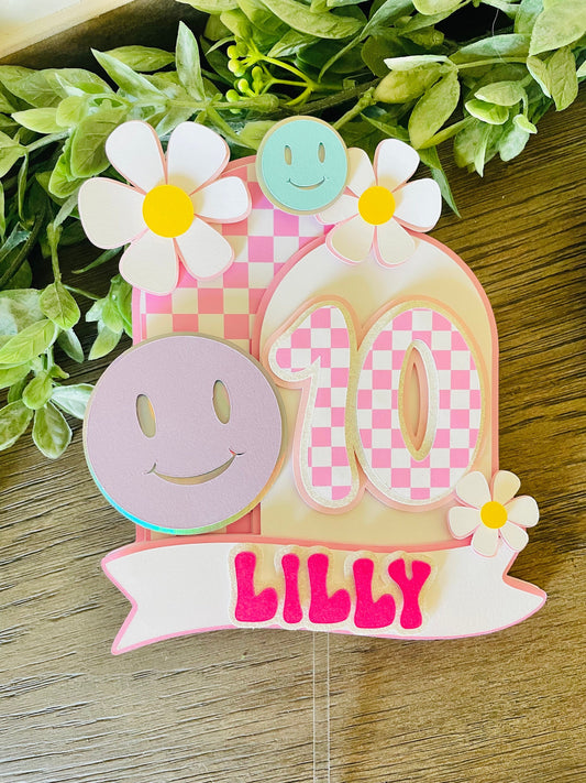 Pink Checkered Smiley Face Cake Topper