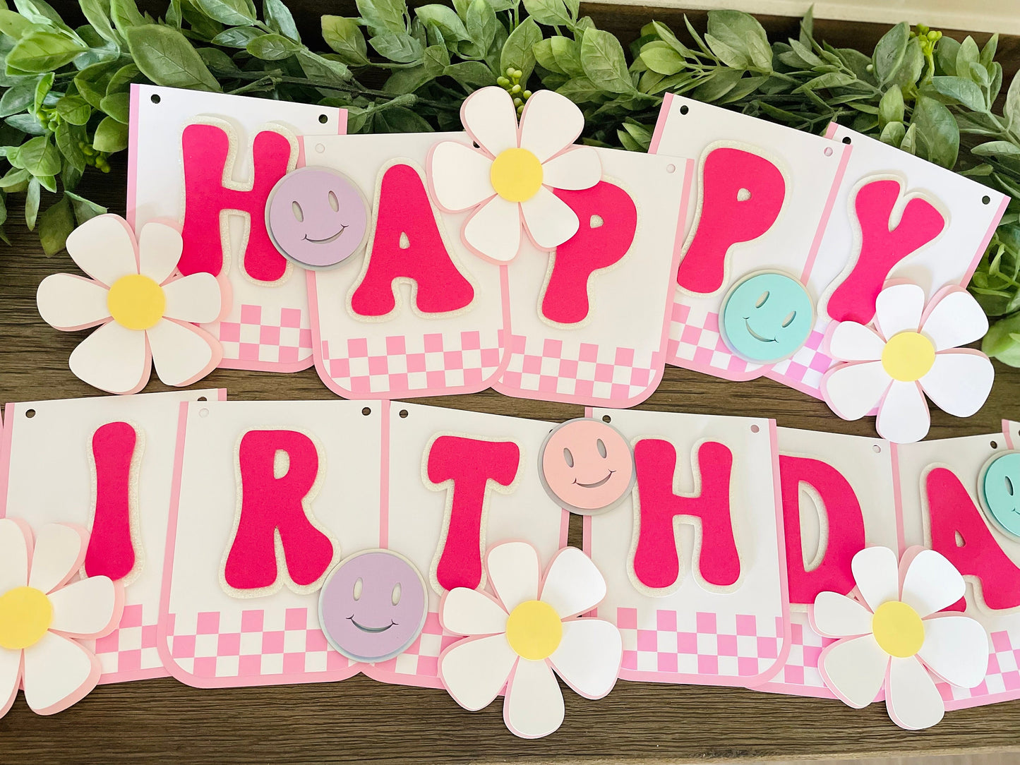 Pink Checkered Smiley Face Cake Topper