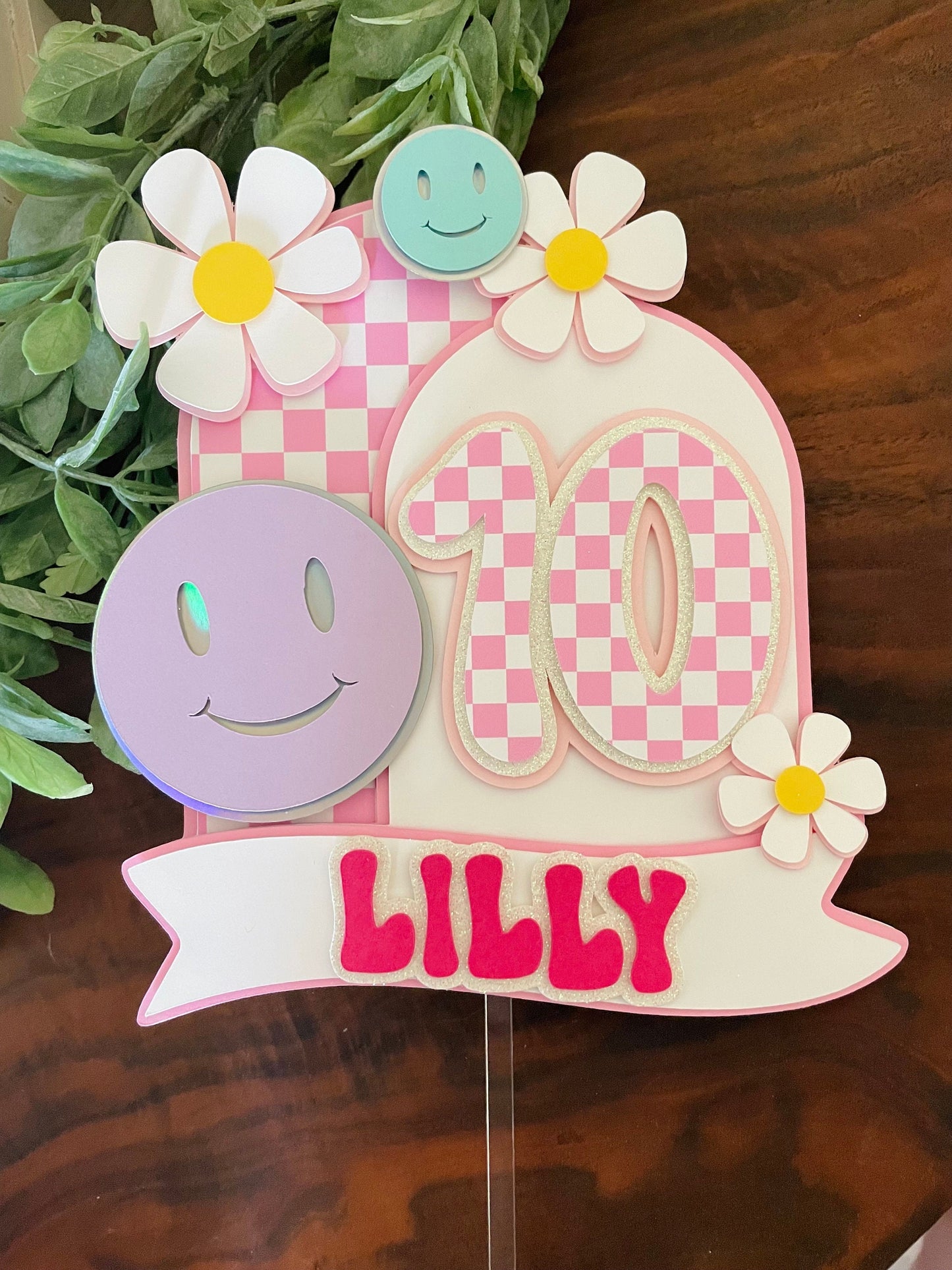 Pink Checkered Smiley Face Cake Topper