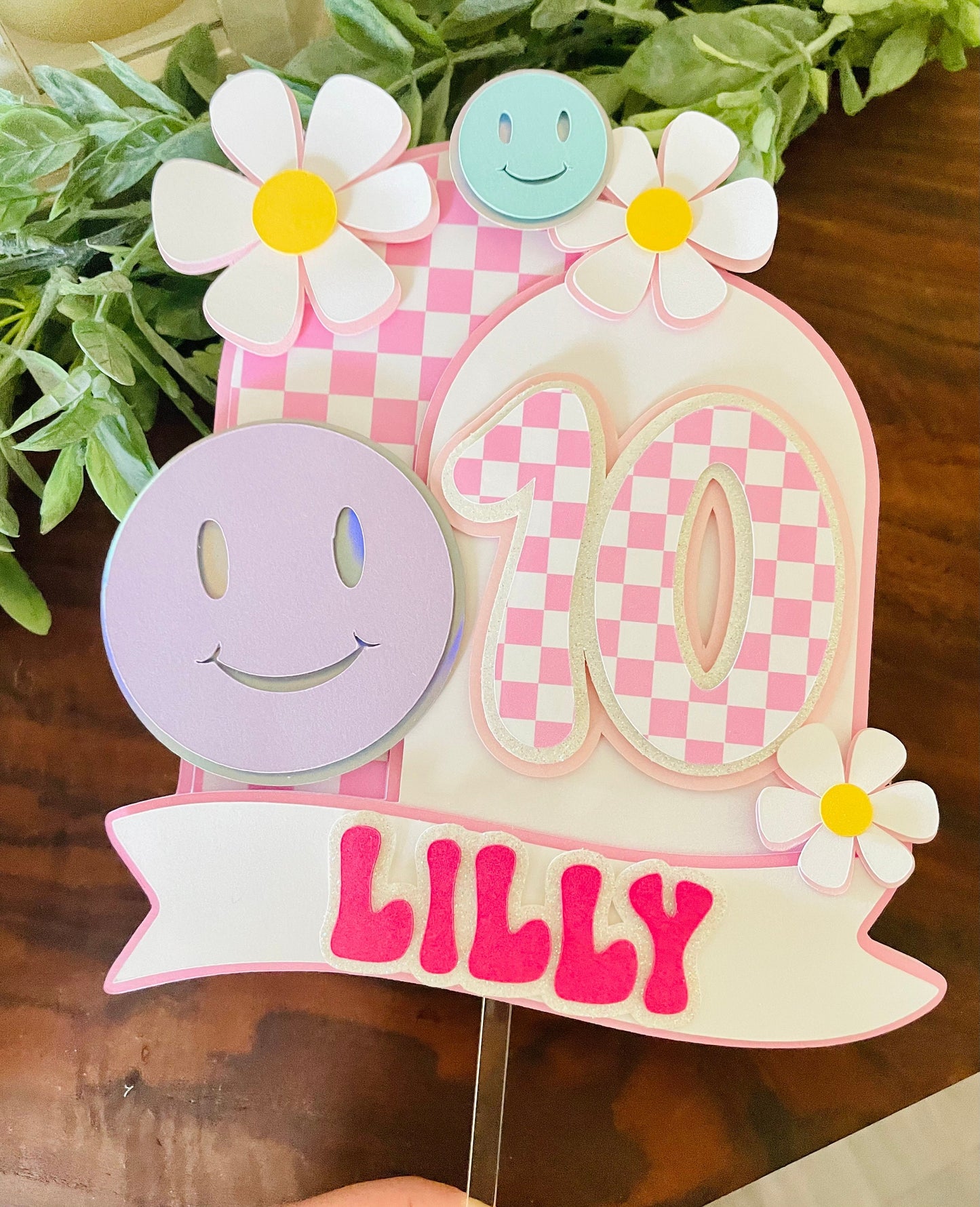 Pink Checkered Smiley Face Cake Topper