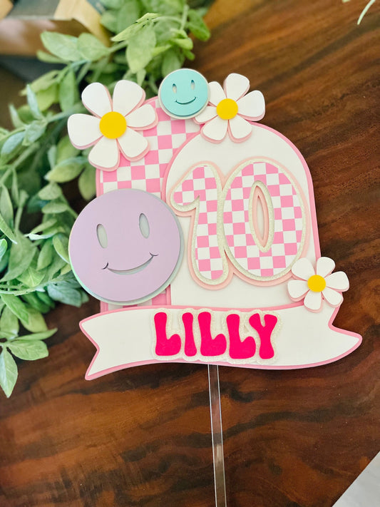 Pink Checkered Smiley Face Cake Topper